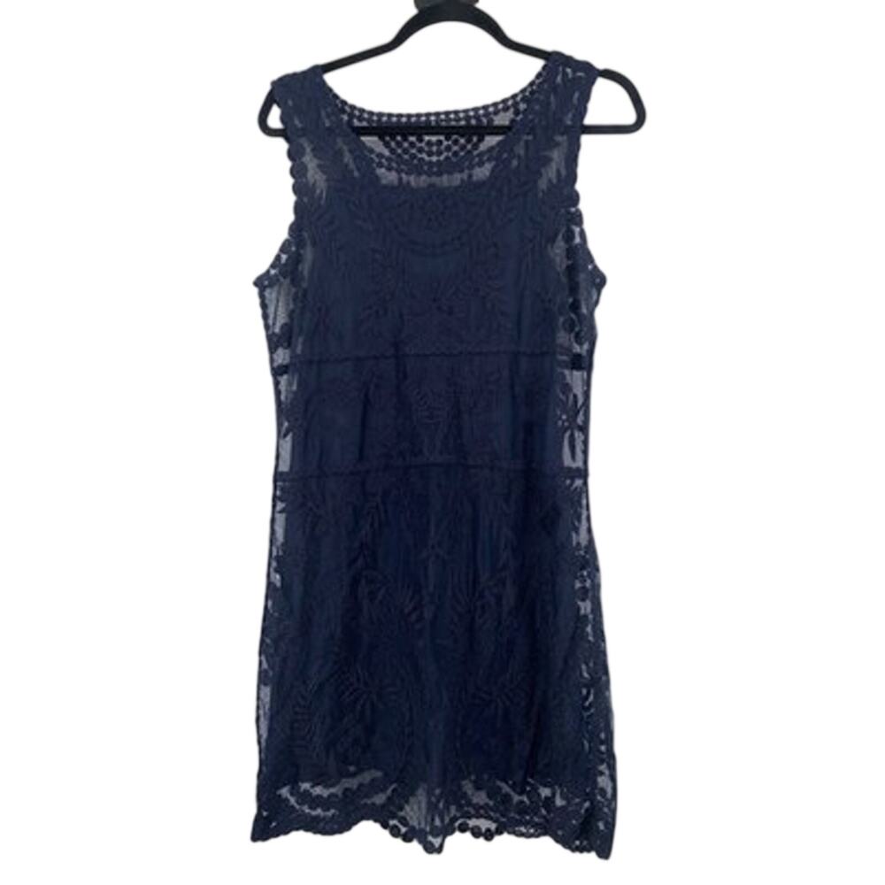 Express Dress Womens Medium Navy Baroque Lace Overlay Shift Pullover Sleeveless